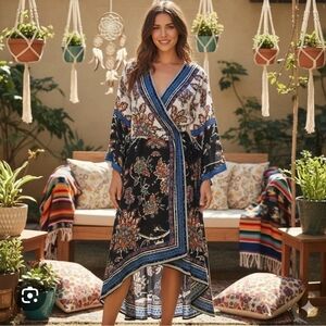 Flying Tomato Black and Blue Floral Wrap Dress